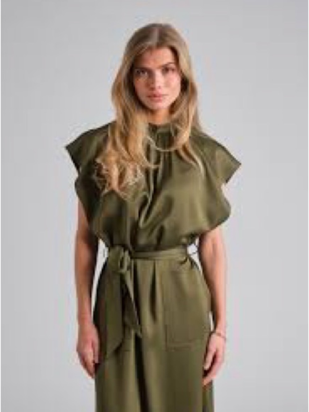 Filippa K Olive Green Satin-Finish Midi Dress - Size 36 (Fits Oversized) NWT
